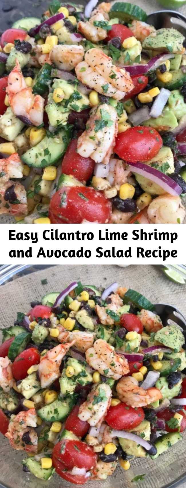 Easy Cilantro Lime Shrimp and Avocado Salad Recipe - a salad packed full of vegetables that will become a go-to meal or dish in your kitchen from the moment you try it! This salad is very easy to make, light and refreshing in flavor, and can be made in minutes. The perfect low-calorie meal or side dish if you're looking for something simple and quick. #salad #shrimp #avocado #healthy
