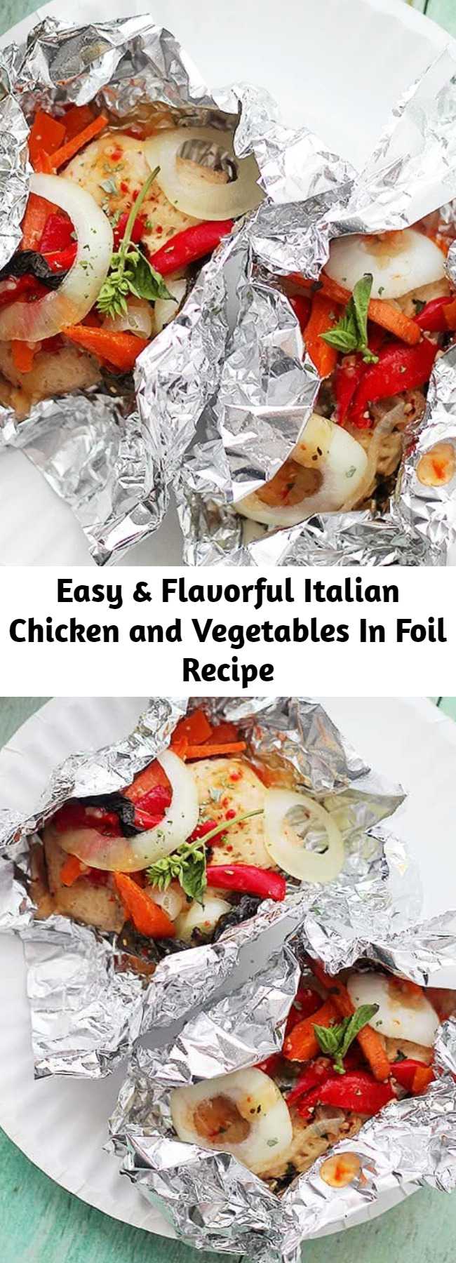 Easy & Flavorful Italian Chicken and Vegetables In Foil Recipe - Italian Chicken and Vegetables In Foil is such an easy & delicious chicken recipe! Flavorful, incredibly moist chicken breasts baked in aluminum foil with peppers, onion, garlic, fresh herbs and Italian Dressing. #chickenbreasts #foildinner