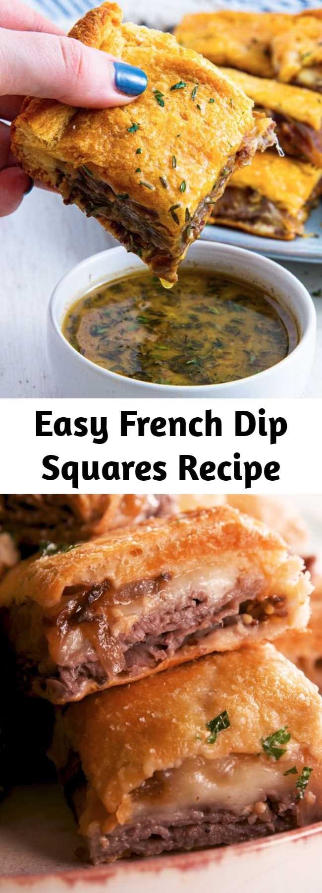 Easy French Dip Squares Recipe - Turns out you don't need fancy ingredients to make the best party appetizer ever. These easy french dip squares are loaded with complex flavors (thanks caramelized onions!) AND there's enough to feed a hungry crowd. #easy #recipe #frenchdip #bites #appetizer #entertaining #sandwich #party #oven #roastbeef #caramelizedonions