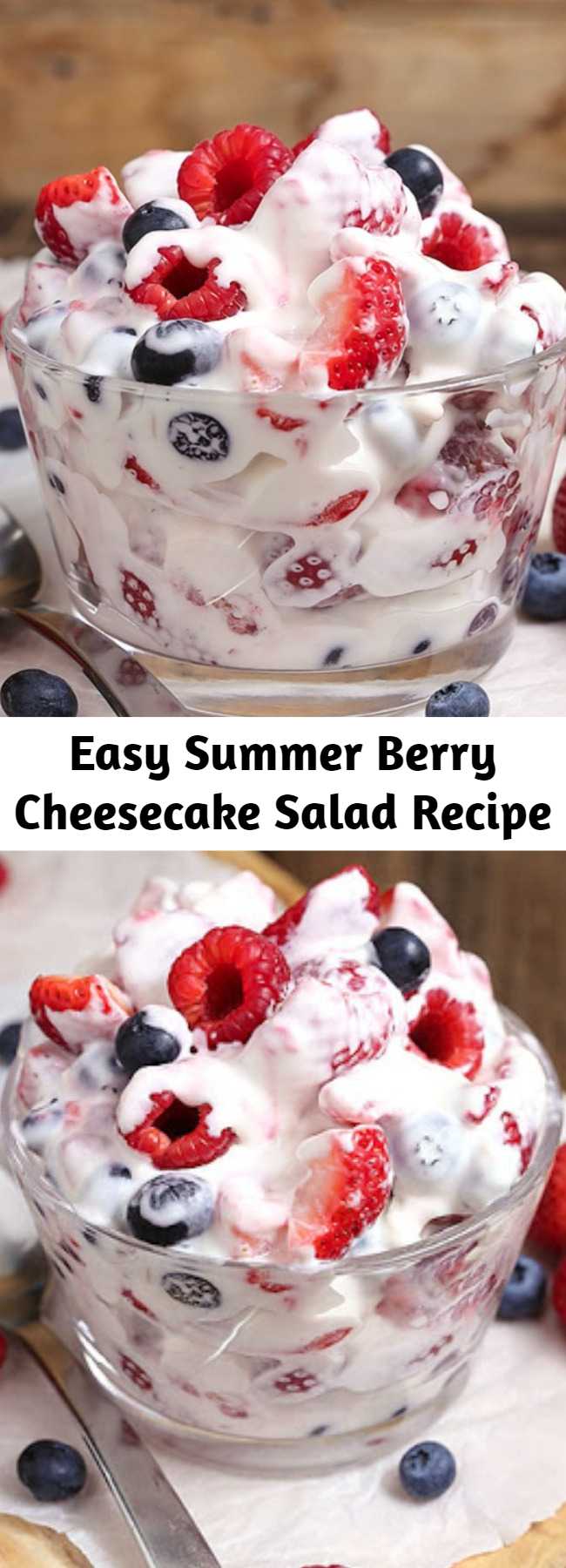 Easy Summer Berry Cheesecake Salad Recipe - This simple Summer Berry Cheesecake Salad recipe comes together with just 5 ingredients. Rich and creamy cheesecake filling is folded into your favorite berries to create the most amazing fruit salad ever! Your family will go nuts over it. #summer