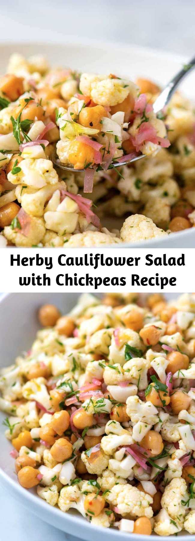 Herby Cauliflower Salad with Chickpeas Recipe - hanks to a light lemony dressing and lots of fresh herbs, this simple raw cauliflower salad recipe tastes surprisingly delicious and lasts in the fridge for days. The pickled onions are an optional ingredient, but they do take the salad to the next level.