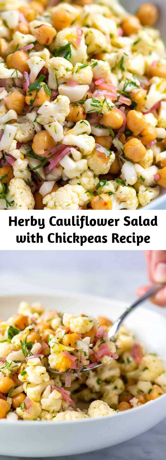 Herby Cauliflower Salad with Chickpeas Recipe - hanks to a light lemony dressing and lots of fresh herbs, this simple raw cauliflower salad recipe tastes surprisingly delicious and lasts in the fridge for days. The pickled onions are an optional ingredient, but they do take the salad to the next level.