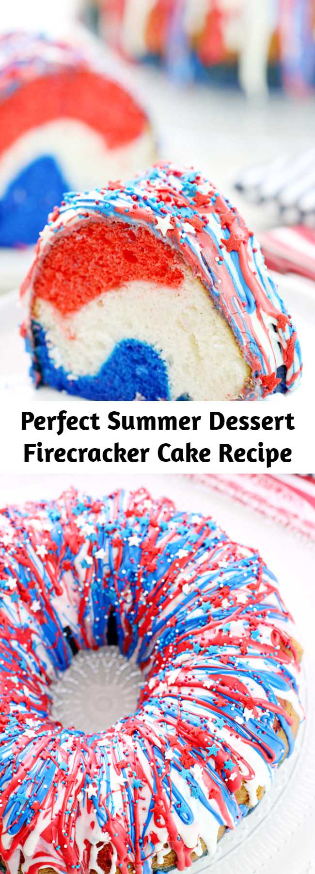 Perfect Summer Dessert Firecracker Cake Recipe - Show your patriotism with this Firecracker Cake! The red, white, and blue runs inside and out!! Great for Memorial Day, the 4th of July or any occasion you want to share a little American pride!