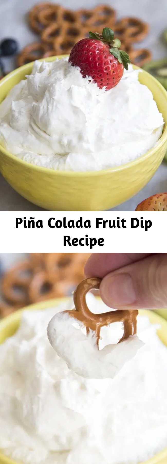 Piña Colada Fruit Dip Recipe - This fruit dip combines those great piña colada flavors of coconut and pineapple, along with cream cheese and cool whip for a perfect fruit dip.