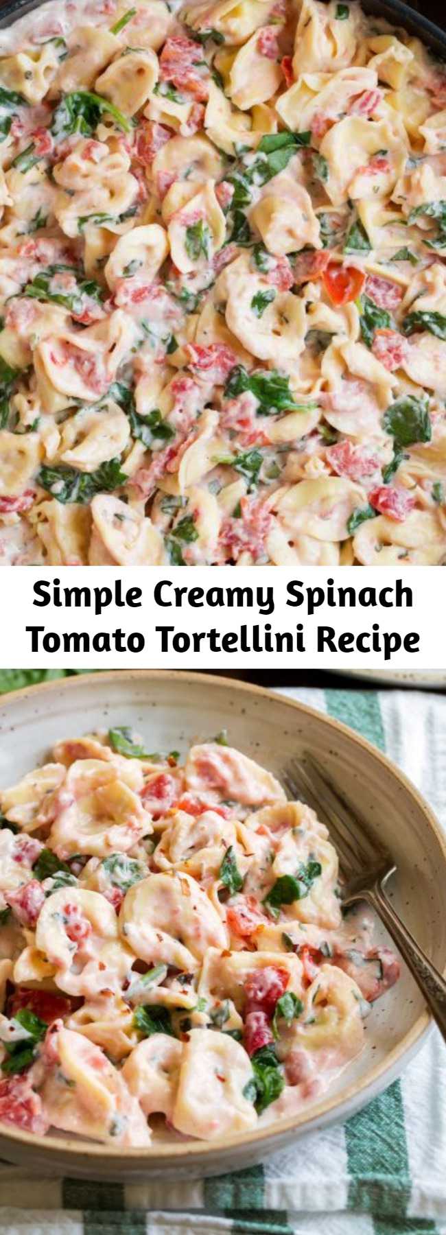 Simple Creamy Spinach Tomato Tortellini Recipe - This Creamy Spinach Tomato Tortellini is so simple and comforting plus its impressive enough to serve to guests when entertaining or to simply curl up with on the sofa. Either way, you'll love it!