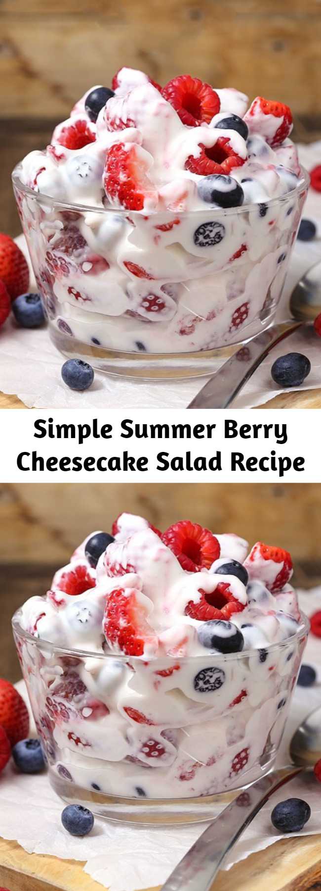 Simple Summer Berry Cheesecake Salad Recipe - This simple Summer Berry Cheesecake Salad recipe comes together with just 5 ingredients. Rich and creamy cheesecake filling is folded into your favorite berries to create the most amazing fruit salad ever! Your family will go nuts over it. #cheesecakesalad #summersidedish