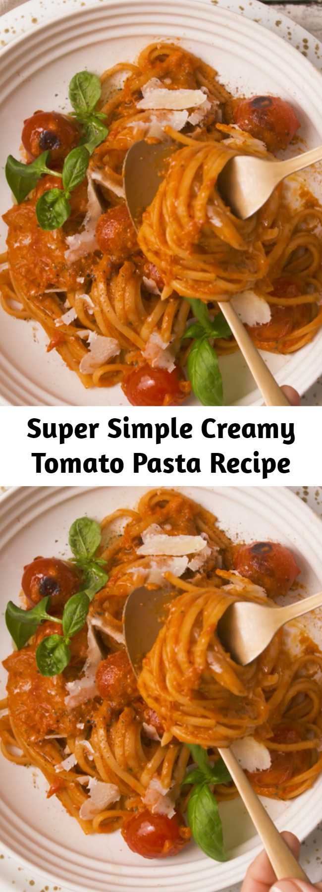 Super Simple Creamy Tomato Pasta Recipe - Roasted tomatoes, red peppers + onions and garlic blended together with some fresh basil leaves and creamy = the most simple yet delicious pasta sauce!
