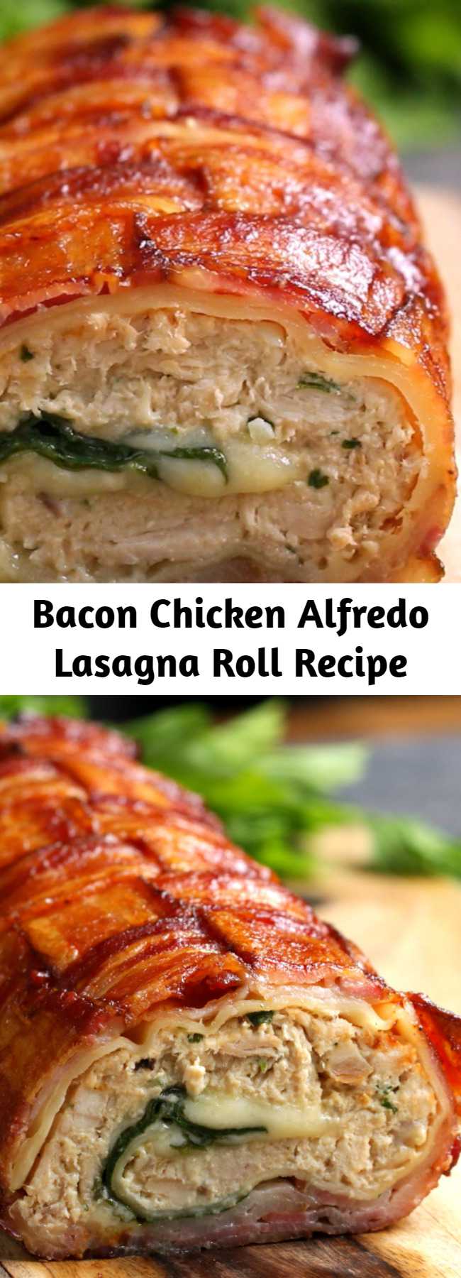 Bacon Chicken Alfredo Lasagna Roll Recipe - Family fav added to weekly suppers!!! Incredibly easy and flavorful! Can almost knock out two dinners with the rotisserie chicken... use half for this roll and the other half for chicken salad, for the next days lunch.