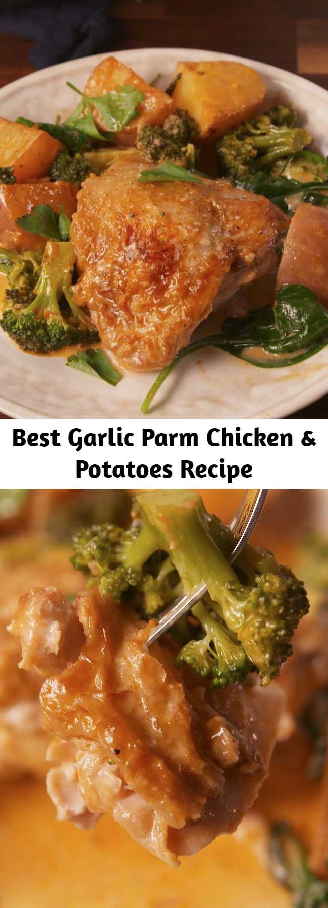 Best Garlic Parm Chicken & Potatoes Recipe - A creamy one pot dish that we are absolutely here for. #food #easyrecipe #easyrecipe #familydinner #chicken
