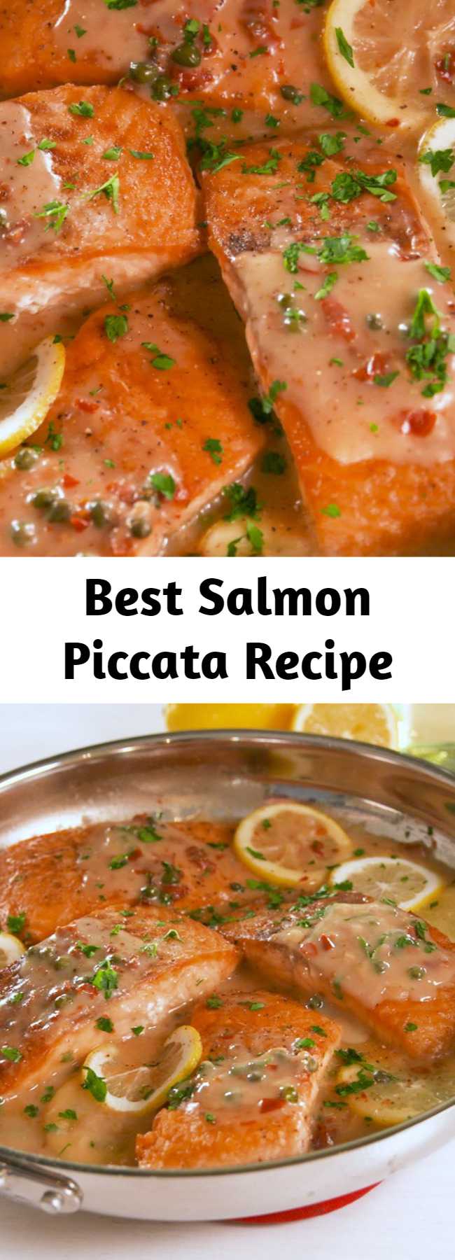 Best Salmon Piccata Recipe - Tender lemony salmon piccata is ready in 30 min. Fish are friends AND food. #easyrecipe #salmon #seafood #dinner #fish