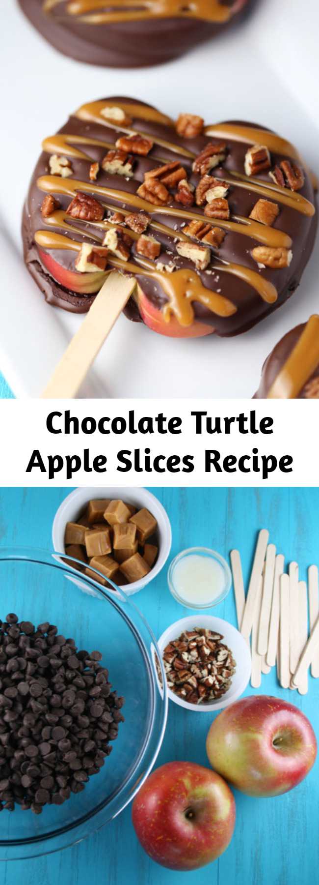 Chocolate Turtle Apple Slices Recipe - Chocolate Turtle Apple Slices are thick slices of Fuji apples covered in melted chocolate, drizzled with caramel and topped with nuts.