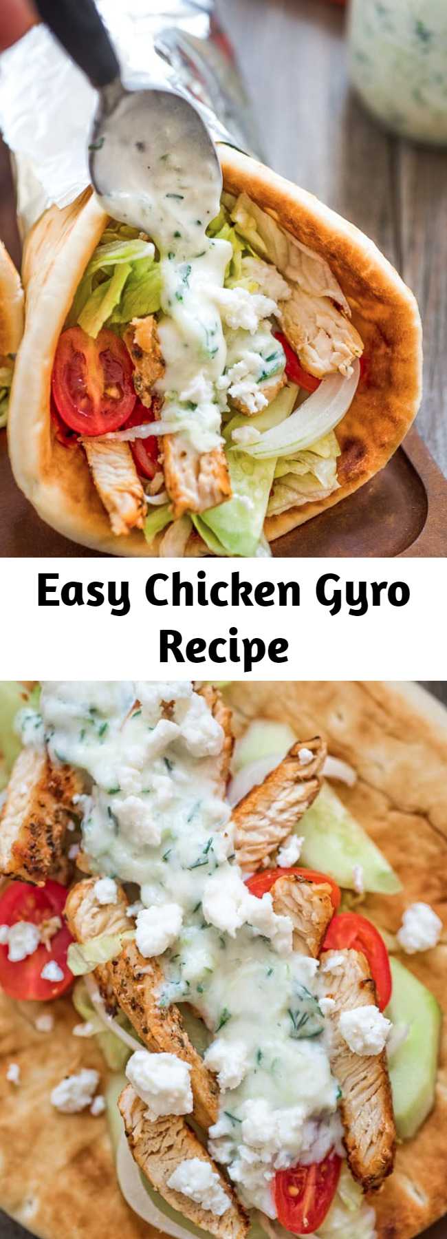 Easy Chicken Gyro Recipe - An easy to make sandwich, great for both lunch and dinner. Served with fresh vegetables and tzatziki sauce. If you haven’t tried a homemade Chicken Gyro yet, you are missing out! Fresh vegetables, tender chicken, tzatziki sauce, and feta cheese make an unforgettable combination! You’ll love it from the first bite. #chicken #lunch #sandwich #greek #healthyrecipe #dinner
