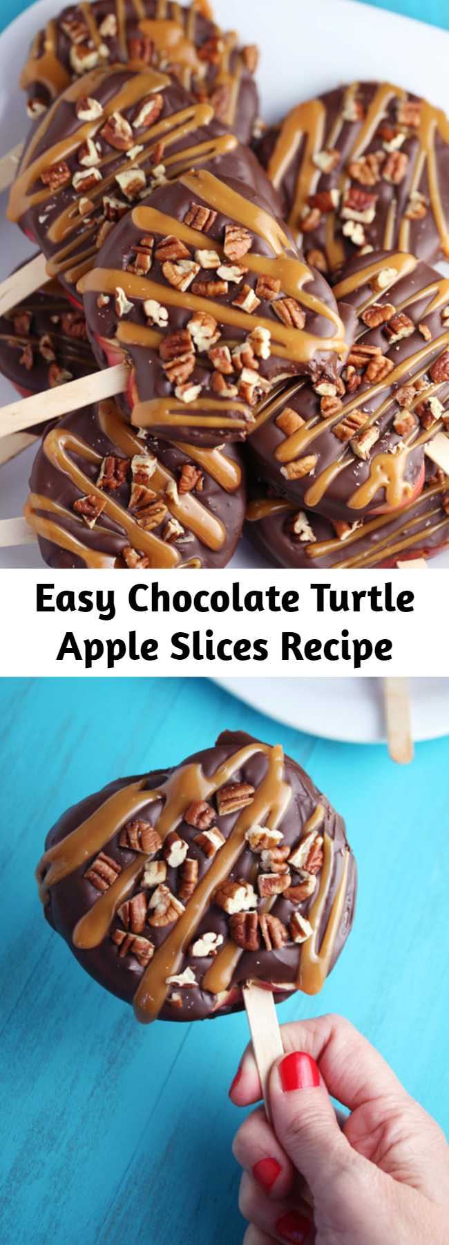 Easy Chocolate Turtle Apple Slices Recipe - Chocolate Turtle Apple Slices are thick slices of Fuji apples covered in melted chocolate, drizzled with caramel and topped with nuts.