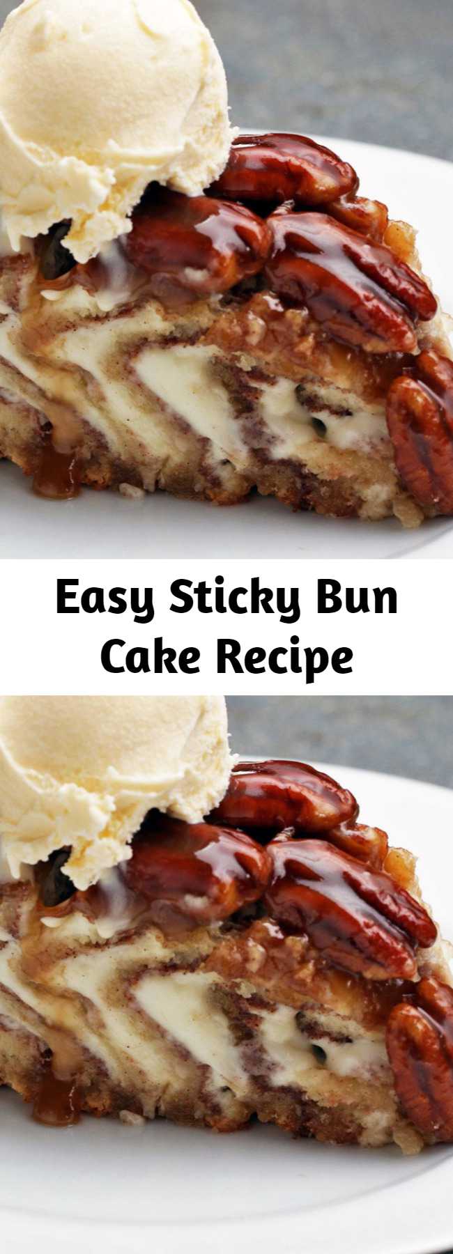 Easy Sticky Bun Cake Recipe - A giant French toast cinnamon roll is the perfect centrepiece for family brunch.  Satisfy the sweet-tooths at the table with this show stopper.  Easy to make and takes like cinnamon buns!!