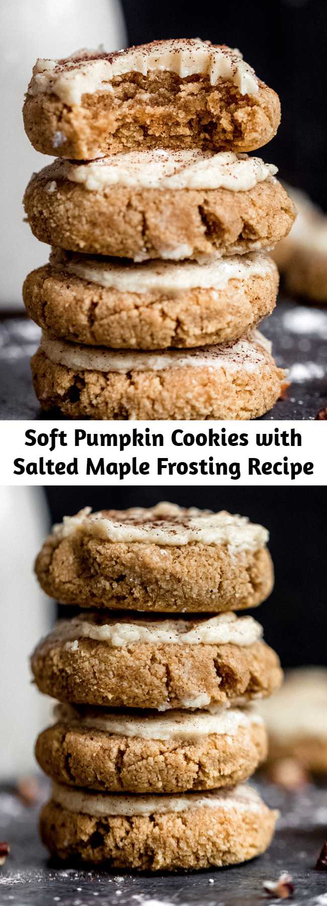 Soft Pumpkin Cookies with Salted Maple Frosting Recipe - These healthy soft pumpkin cookies with an addicting salted maple frosting are absolutely delicious! These melt-in-your-mouth cookies are both gluten free and grain free and taste like a slice of your favorite pumpkin pie! #cookies #pumpkin #pumpkinrecipe #healthydessert #glutenfree #baking #grainfree