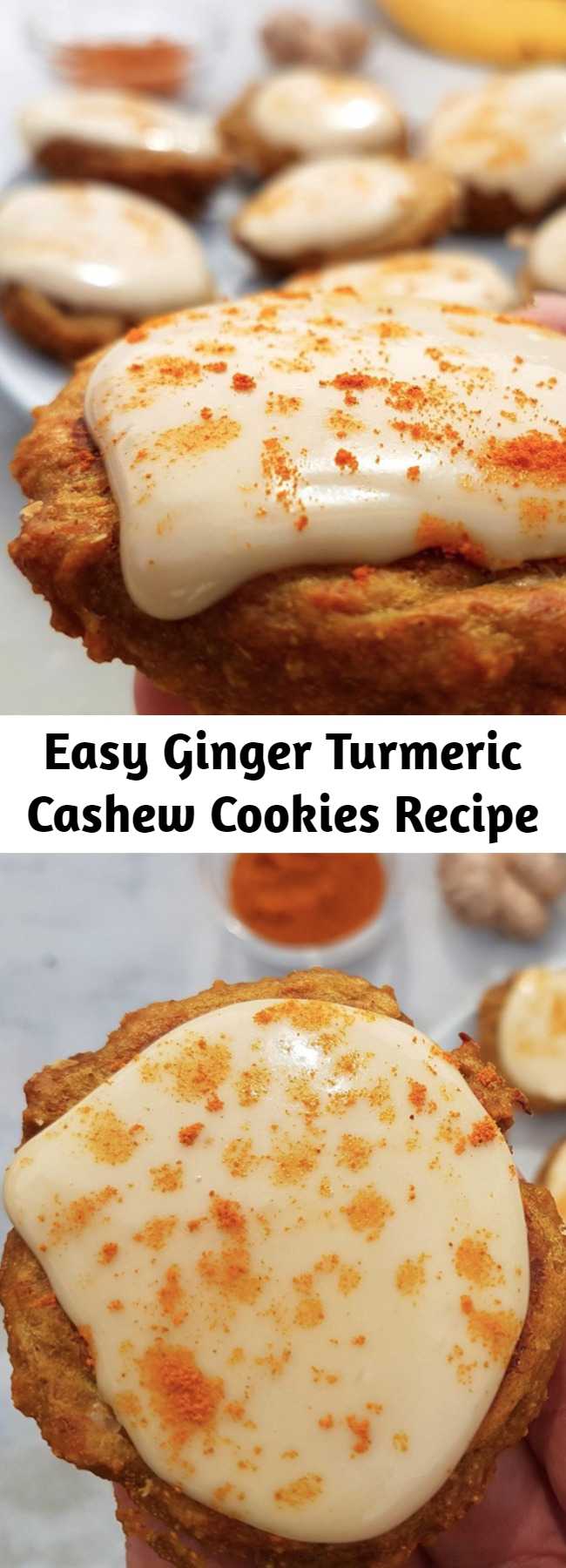 Easy Ginger Turmeric Cashew Cookies Recipe - Quick and easy healthy cookies recipe. These golden cookies are ginger and turmeric flavour with a creamy cashew frosting. Vegan and gluten free when made with gluten-free oats. #vegan #veganrecipe #healthy #cookies #healthycookies