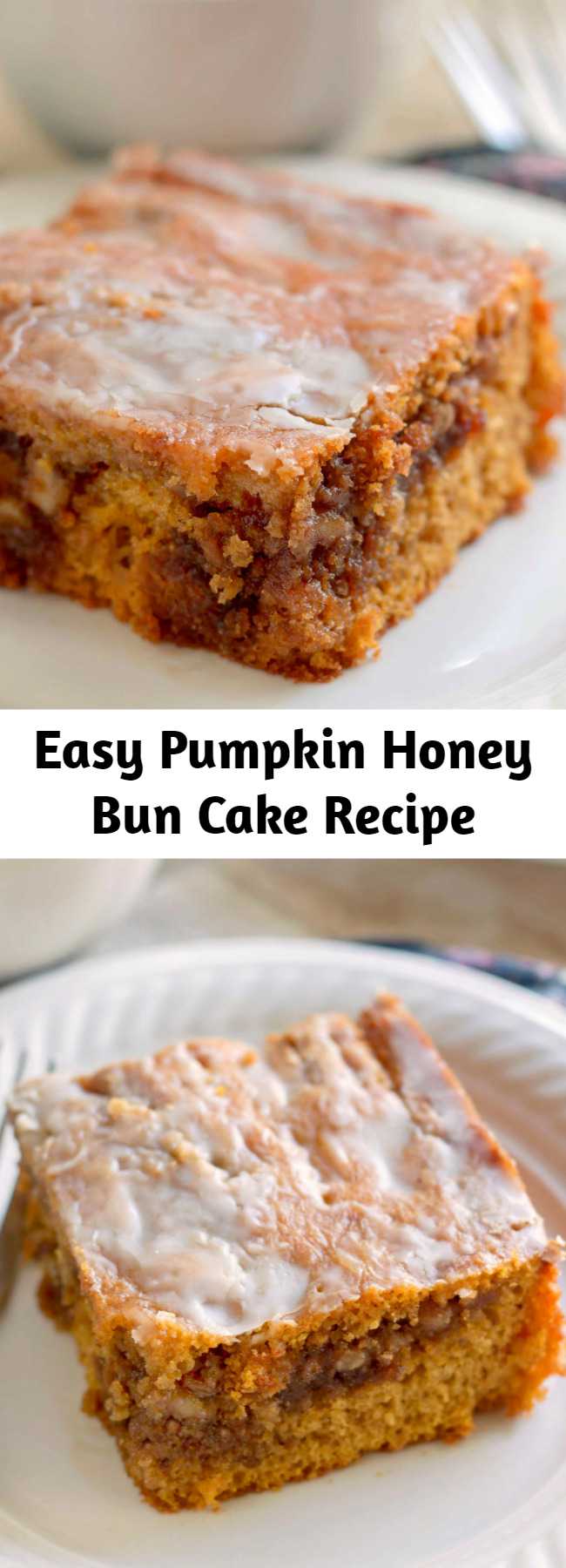 Easy Pumpkin Honey Bun Cake Recipe - A gooey brown sugar and walnut filling in the center of a moist pumpkin cake topped with a simple glaze.