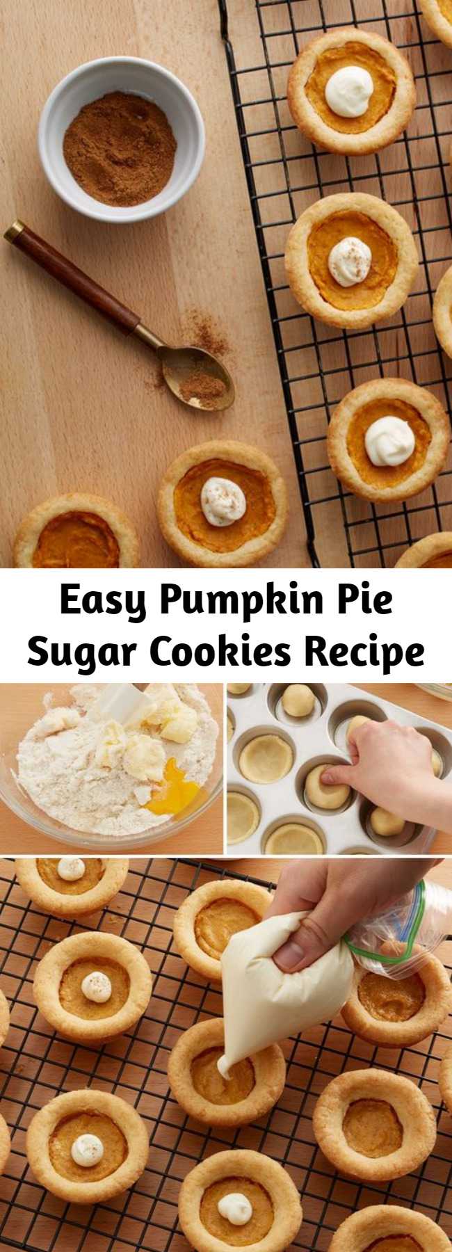 Easy Pumpkin Pie Sugar Cookies Recipe - These too-cute pumpkin pie-inspired sugar cookies are the perfect treat for fall or your Thanksgiving spread. With their sugar cookie crusts and pumpkin pie filling, these petite sweets are perfect for pleasing kiddos, diversifying the dessert spread and cutting down on the labor-intensive pie-making process.
