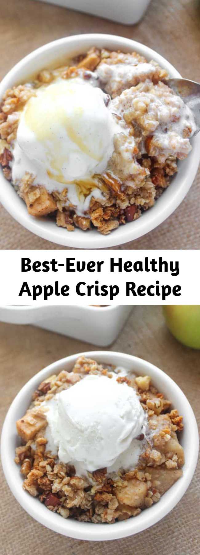 Best-Ever Healthy Apple Crisp Recipe - This healthy apple crisp is loaded with cinnamon apples and sweet crumbly topping. It’s free of refined sugar (and has just a touch of maple syrup, although you can sub honey), but you’d never know it. Serve with vanilla ice cream for pure bliss! 