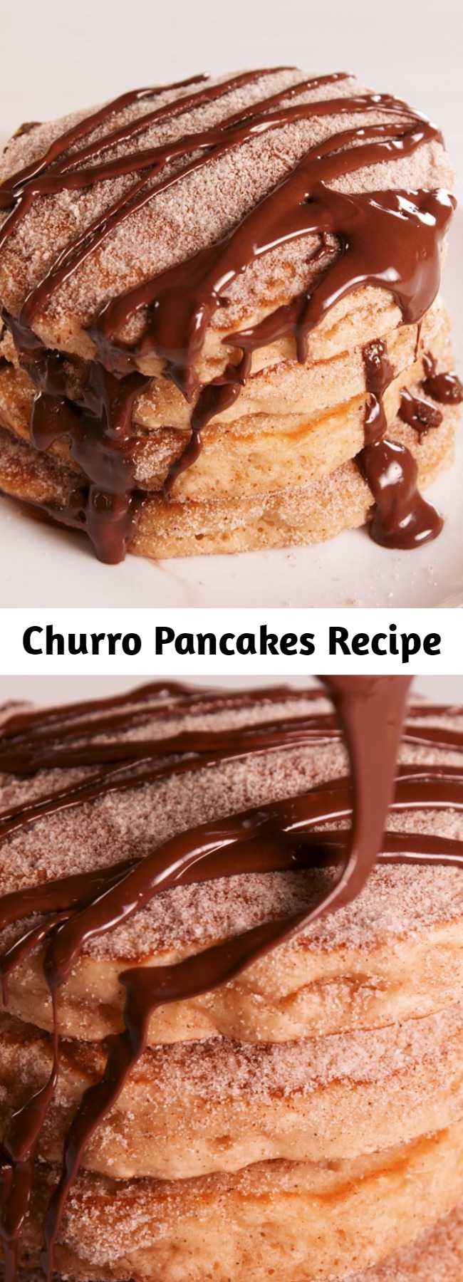 Churro Pancakes Recipe - Churro pancakes are BEYOND fluffy. Cinnamon, brown sugar, and melted chocolate make these a brunch staple. #easy #recipe #churro #Pancakes #churropancakes #brownsugar #breakfast #brunch #indulgent