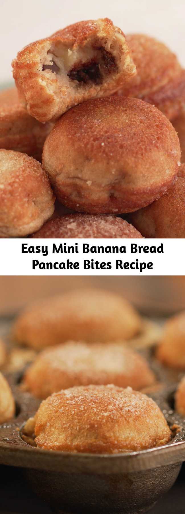 Easy Mini Banana Bread Pancake Bites Recipe - These light and fluffy bites are the perfect melding of two of your favorite comfort foods. Whether you enjoy them for breakfast or as a snack, they're sure to be your new favorite!