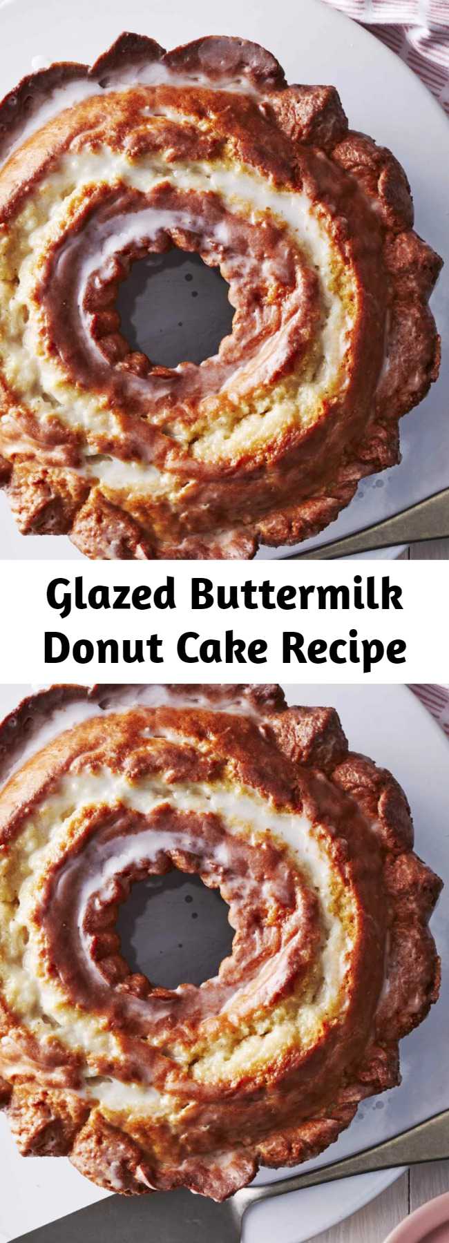 Glazed Buttermilk Donut Cake Recipe - This oversized “donut” is sure to be a hit. Although this dessert looks straight from the donut shop, the recipe itself is a moist and tender pound cake with added leavening, which gives the cake the cracked and craggy appearance of an old-fashioned donut. This delicious dessert idea is perfect for a bored-baking marathon. #recipes #recipeideas #dessert #dessertrecipes