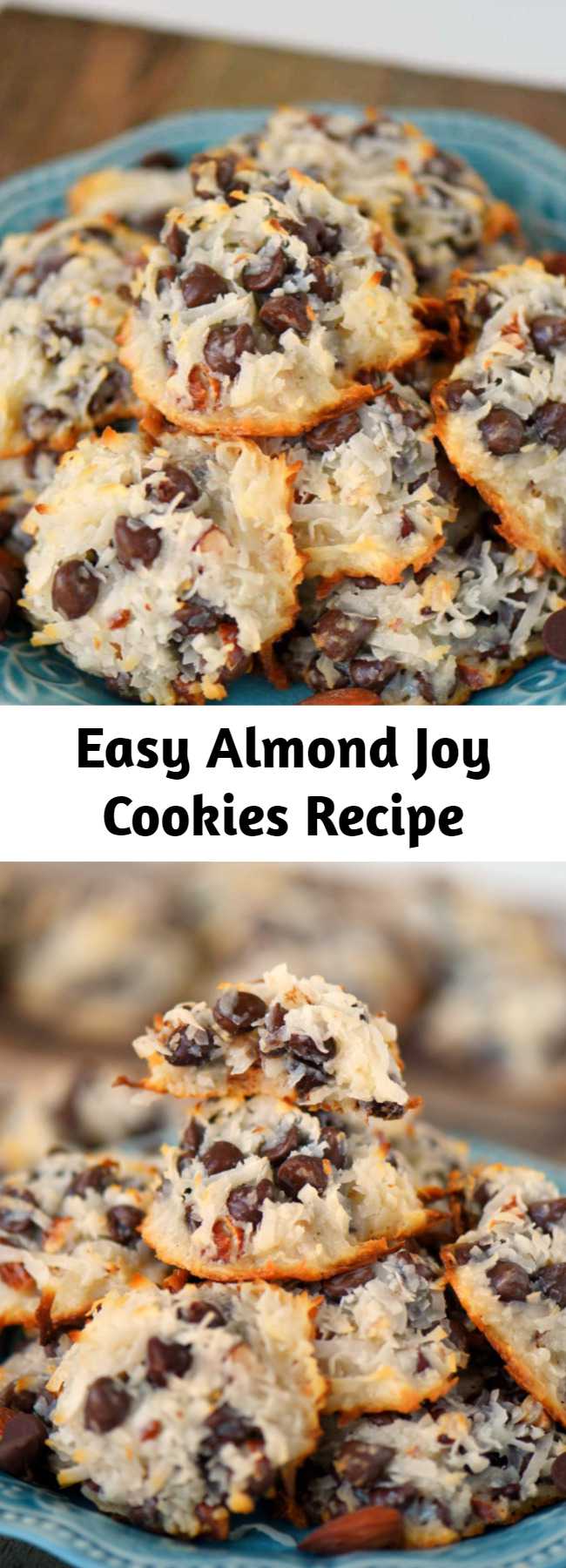 Easy Almond Joy Cookies Recipe - These easy Almond Joy Cookies take just four ingredients and don't even require a mixer! No beating, no chilling, just mix 'em up and throw 'em in the oven EASY! You're going to love these ooey gooey fabulous cookies!