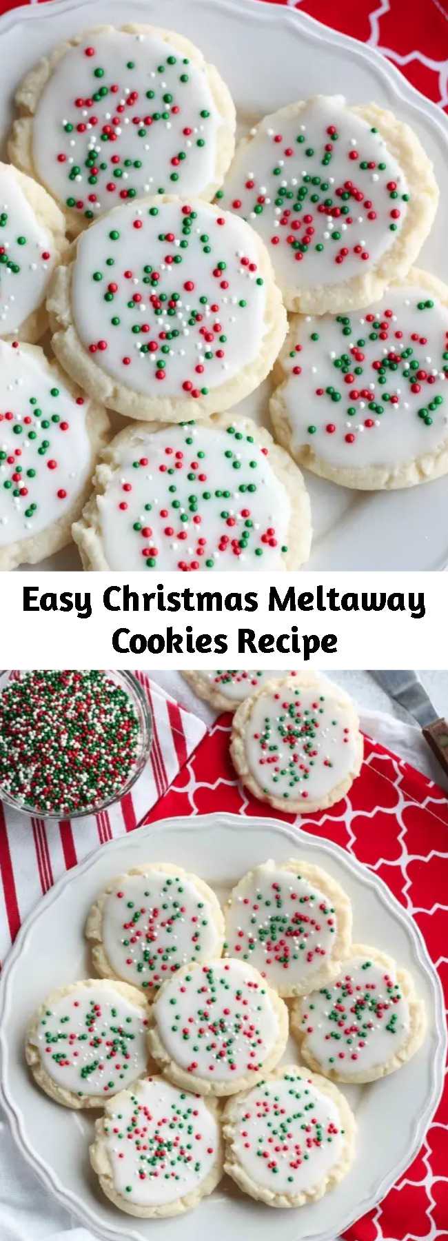 Easy Christmas Meltaway Cookies Recipe - Meltaway cookies are a soft, lightly sweet shortbread cookie that literally melts away in your mouth. Top it with a thin glaze and red and green sprinkles for a festive Christmas cookie treat. #christmascookies #cookieexchange