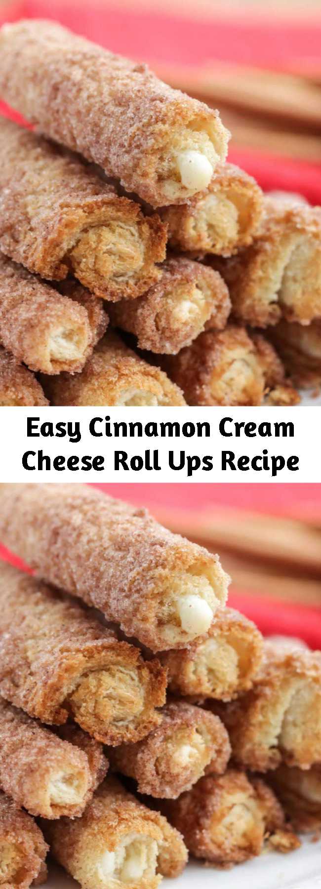 Easy Cinnamon Cream Cheese Roll Ups Recipe - Delicious Cinnamon Cream Cheese Roll-Ups - a simple and yummy breakfast treat. White bread flattened and rolled with a cream cheese and powdered sugar mixture, dipped in butter, cinnamon, and sugar!