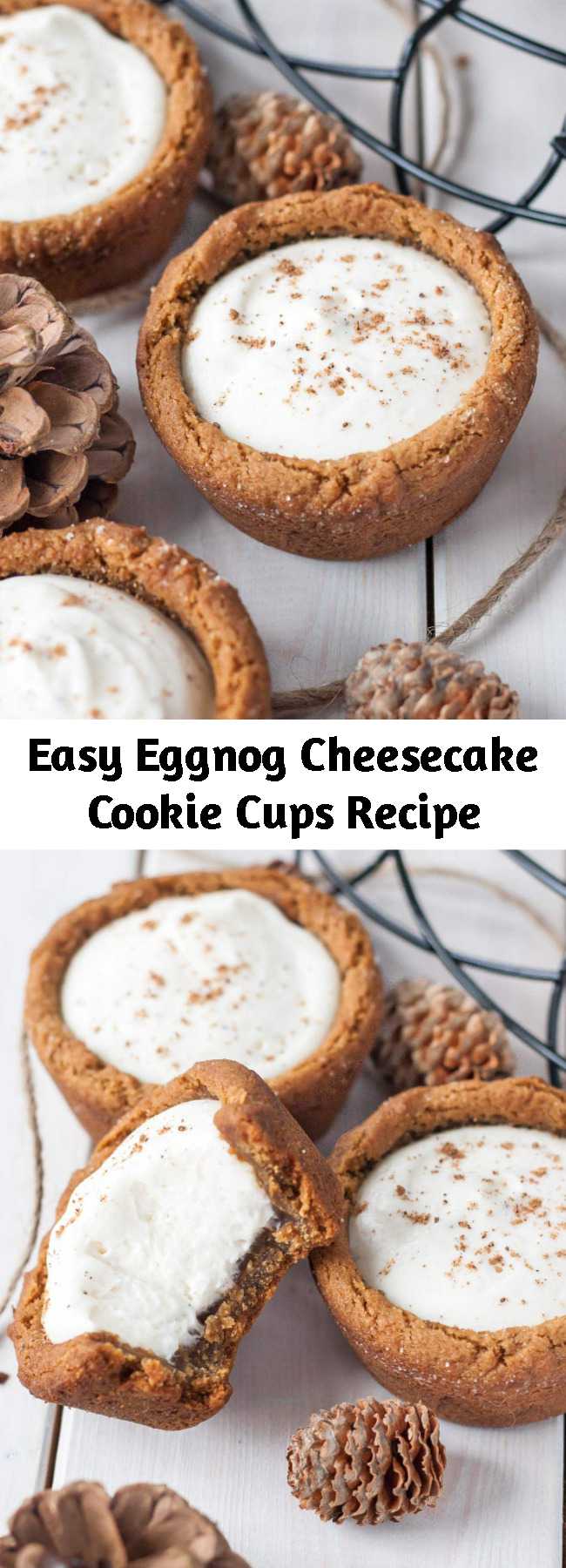 Easy Eggnog Cheesecake Cookie Cups Recipe - The best treat for the holidays! Chewy gingerbread cookie cups filled with a fluffy eggnog cheesecake.