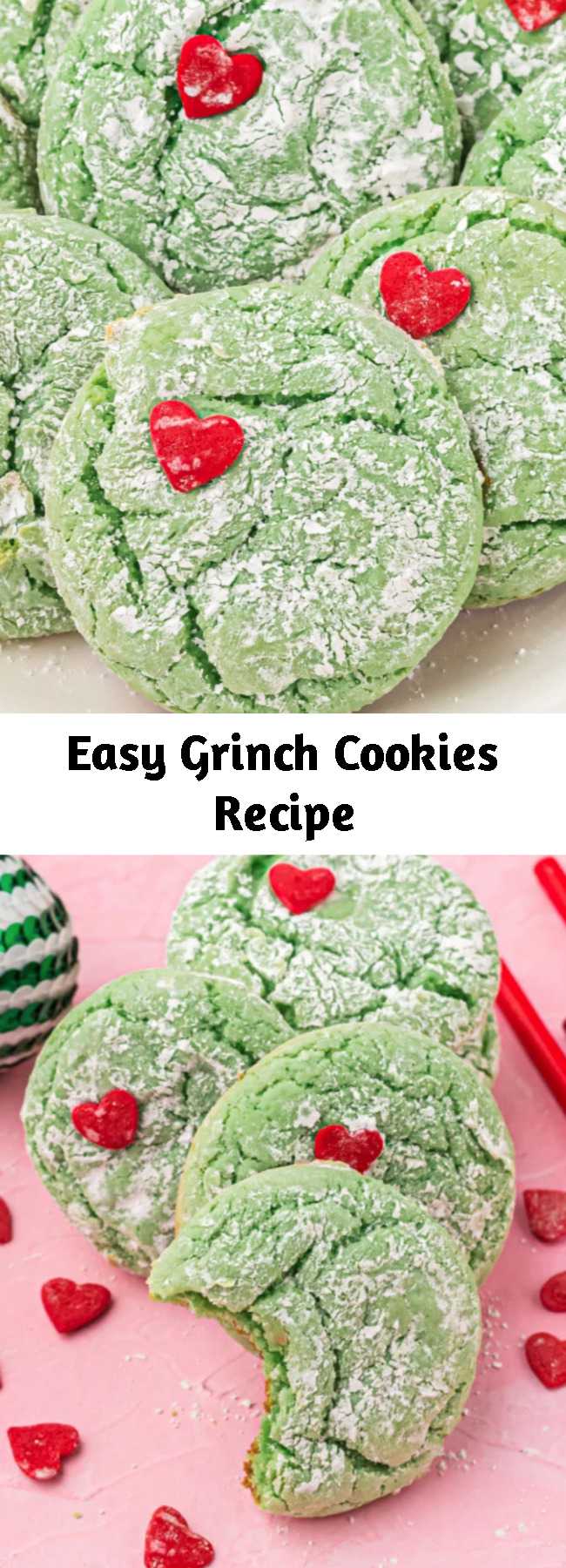 Easy Grinch Cookies Recipe - These Grinch Cookies are the ultimate holiday cookie. They have a soft, gooey texture, are colored to the perfect shade of Grinch-green and topped with powdered sugar and a tiny red heart sprinkle. They are so perfect, you'll never need another Christmas cookie recipe again!
