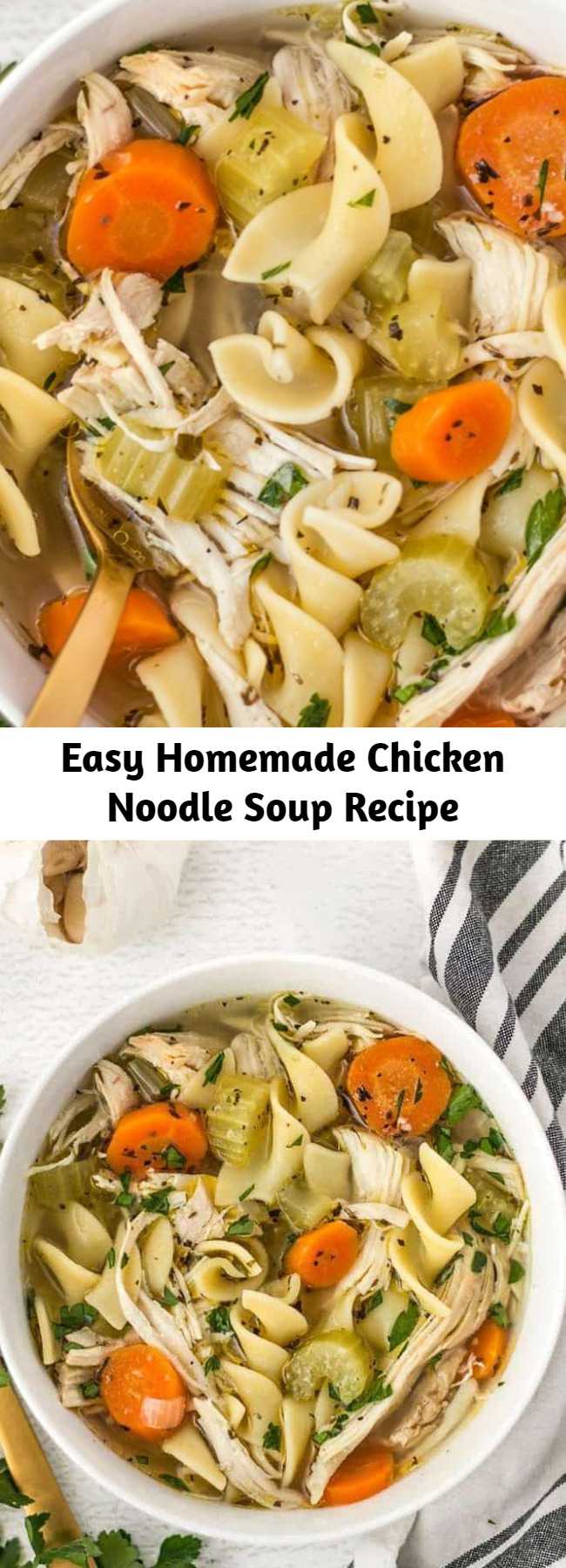 Easy Homemade Chicken Noodle Soup Recipe - This Homemade Chicken Noodle Soup is made 100% from scratch, with plenty of chunky vegetables, herbs, and a homemade broth, just like Grandma used to make! 