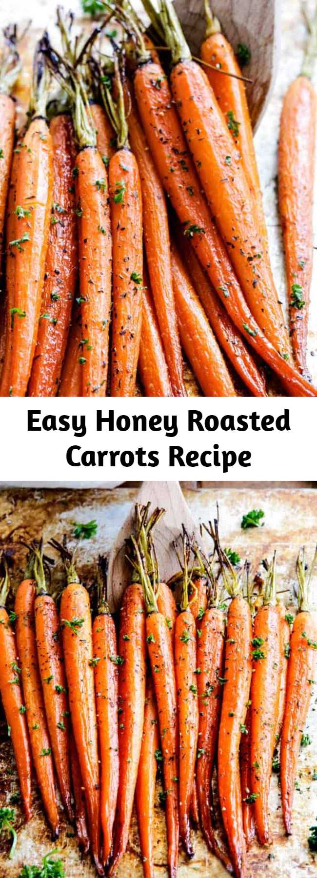 Easy Honey Roasted Carrots Recipe - Roasted Carrots infused with honey and garlic that are tender, sweet and savory and hands down the easiest side dish EVER with only 10 minutes prep! These Roasted Carrots are absolutely obsessive worthy. I am thoroughly convinced they are the most delicious oven roasted carrots ever. They are the ideal holiday (Thanksgiving, Easter) side that everyone will devour like candy!