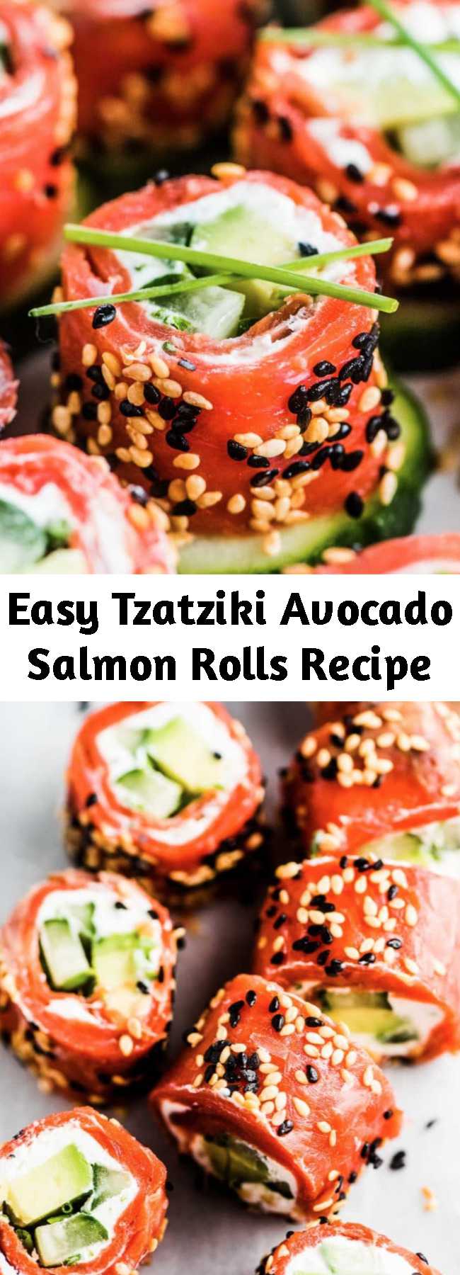 Easy Tzatziki Avocado Salmon Rolls Recipe - Tzatziki Avocado Salmon Rolls are the perfect party appetizer. They're totally delicious, easy to make, super pretty, and healthy. Bonus: they can be made ahead of time! #salmon #tzatziki #appetizer #seafood #fish #smokedsalmon #glutenfree #keto #lowcarb #holidayappetizer #partyappetizer #healthyrecipes #cucumber #cucumberbites #salmonroll