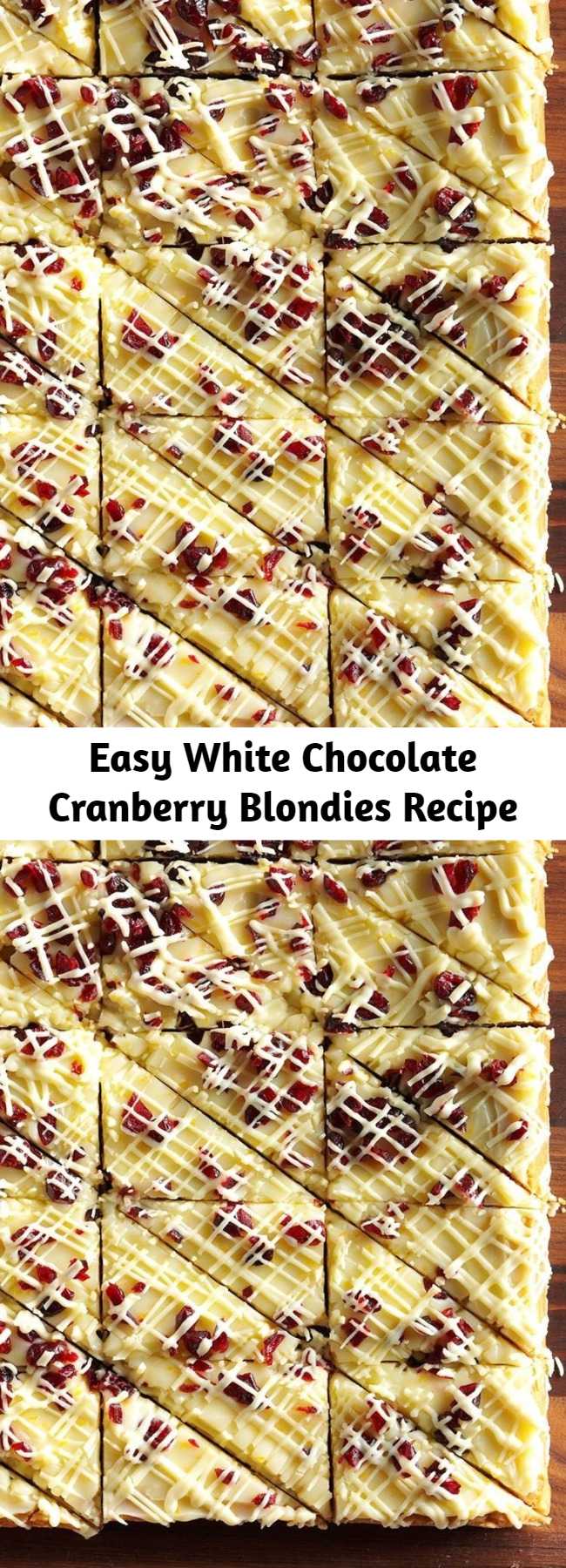 Easy White Chocolate Cranberry Blondies Recipe - For a fancier presentation, I cut the bars into triangle shapes and drizzle white chocolate over each one individually.