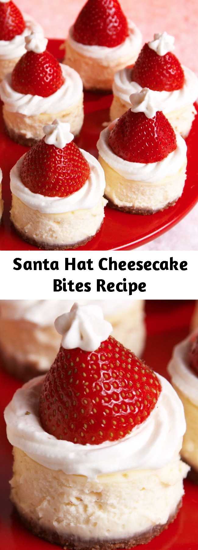 Santa Hat Cheesecake Bites Recipe - When Santa makes his list and checks it twice this year, we plan to be right at the top: these mini Santa cheesecake bites are the easiest way to show just how nice you are. #easy #recipe #cheesecake #bites #santa #hat #strawberry #hack #dessert #holiday #christmas