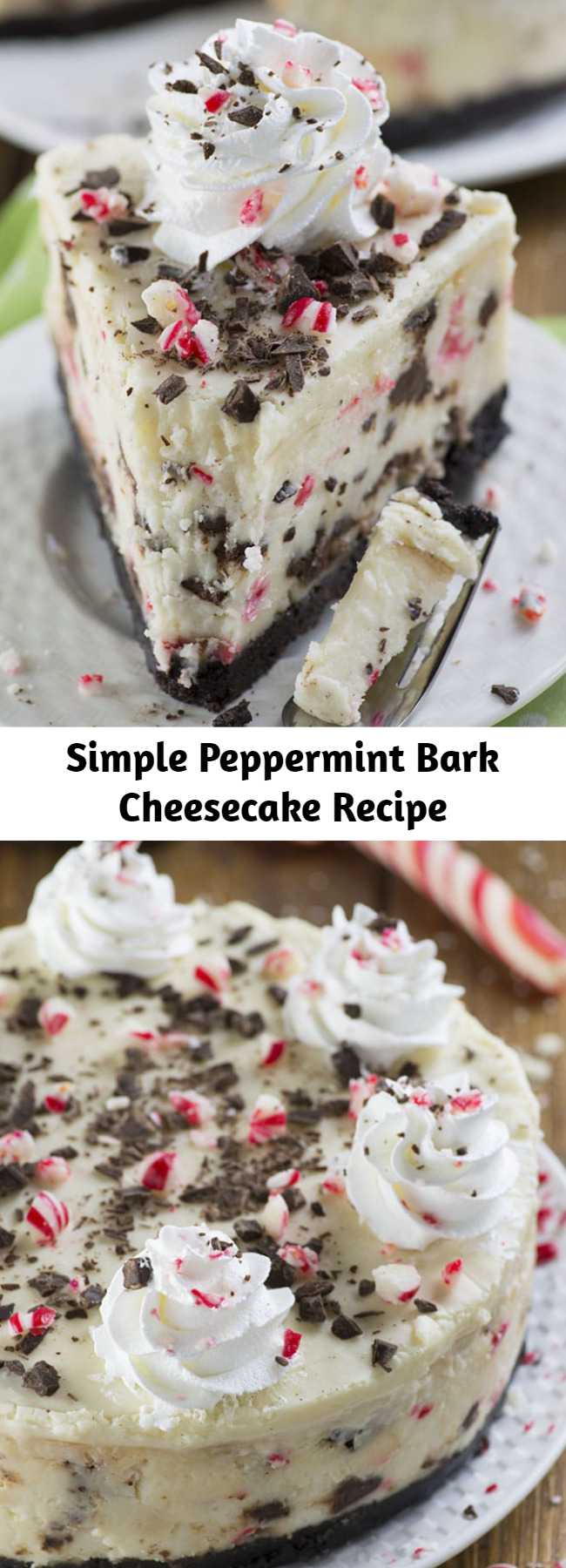 Simple Peppermint Bark Cheesecake Recipe - It has three delicious layer-Oreo crust, creamy cheesecake filling loaded with peppermint bark pieces and white chocolate ganache on top garnished with crushed candy canes, whipped cream and chocolate.