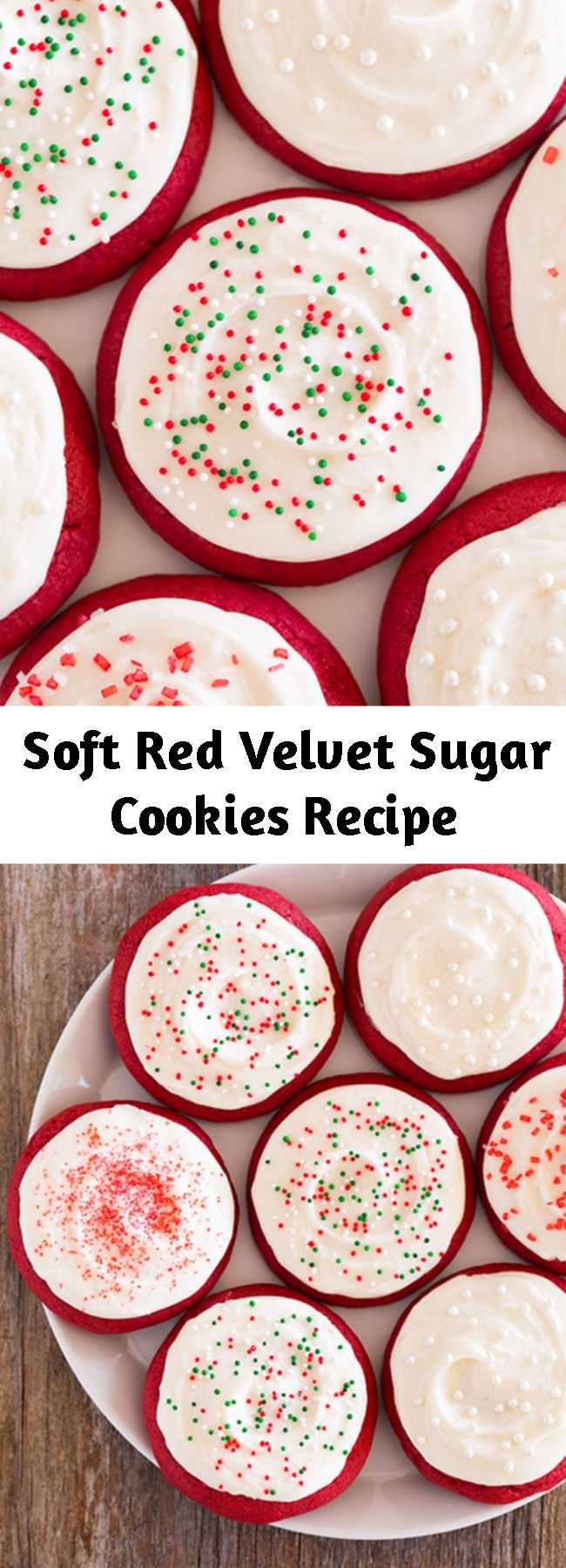 Soft Red Velvet Sugar Cookies Recipe - A soft and tender sugar cookie with the classic flavor and gorgeous color of red velvet cake. Finished with a rich and creamy cream cheese frosting.