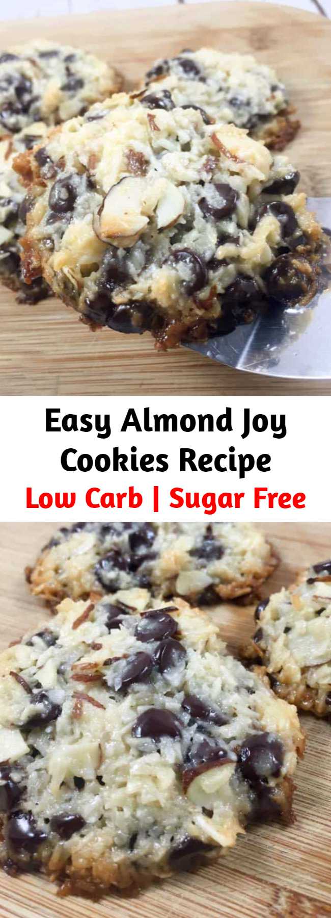 Super Easy Almond Joy Cookies Recipe - Keto Low Carb Almond Joy Cookies! These Almond Joy Cookies only have 4 ingredients and are everything you’ve dreamed of in a low carb chocolate chip coconut cookie. Filled with coconut, stevia-sweetened chocolate chips, almonds, and homemade (sugar free) low carb sweetened condensed milk, you’ll want to make these again and again!