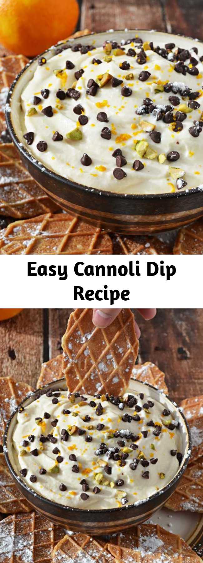 Easy Cannoli Dip Recipe - This recipe is perfect for any party, and with the Super Bowl coming up, it’s great for those who want something sweet and light (and insanely easy to make). Serve this dip with wafers, strawberries, or graham crackers, and enjoy!