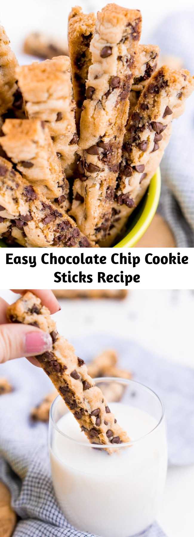 Easy Chocolate Chip Cookie Sticks Recipe - These Chocolate Chip Cookie Sticks are perfect for dunking! A thick, slightly crisp, yet still chewy cookie loaded with mini chocolate chips and made in a 9 x 13-inch pan for easy baking!