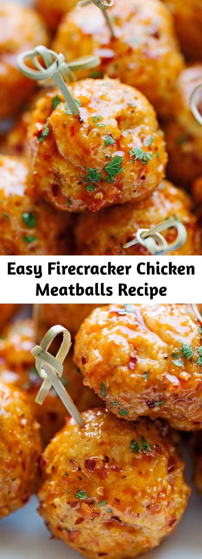 Easy Firecracker Chicken Meatballs Recipe - This is my favorite way to eat chicken meatballs. They’re spiced up with a sweet, savory, and spicy firecracker sauce. They’re tender, filled with flavor, and require minimum work!