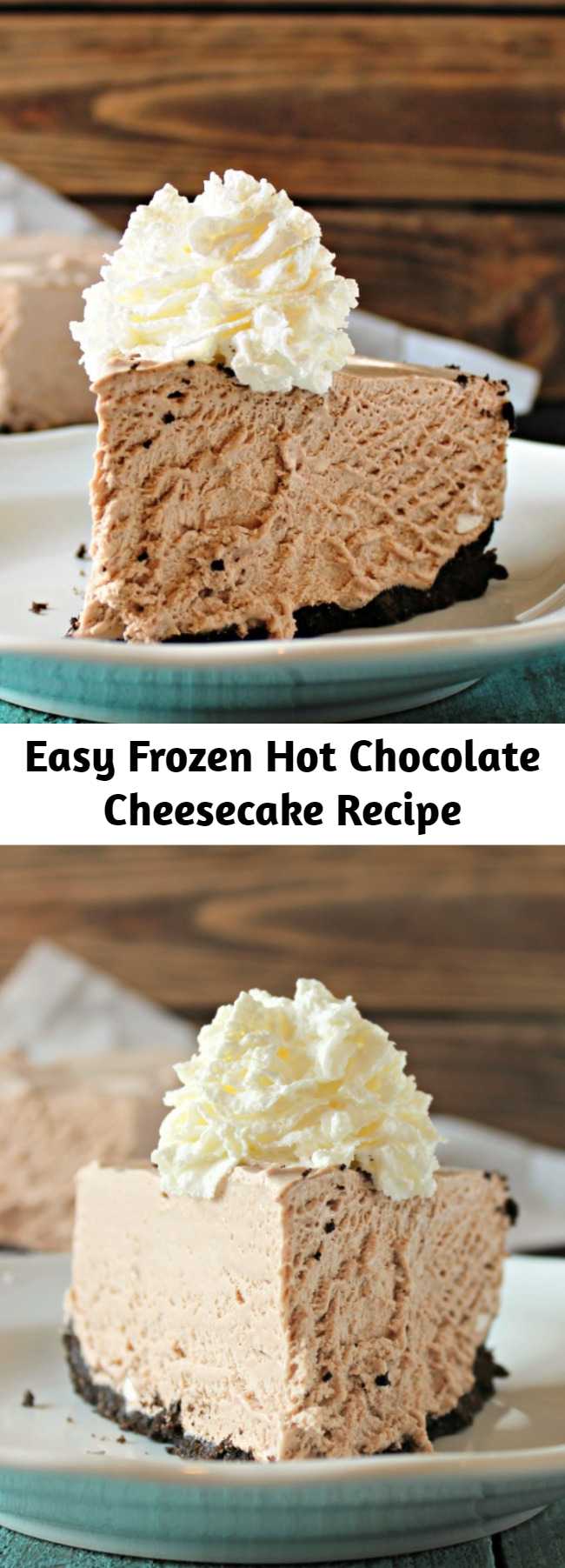 Easy Frozen Hot Chocolate Cheesecake Recipe - A frozen hot chocolate cheesecake (ice cream, chesesecake-flavored pie) with an oreo crust, mini marshmallows, and swirls of marshmallows mixed throughout.