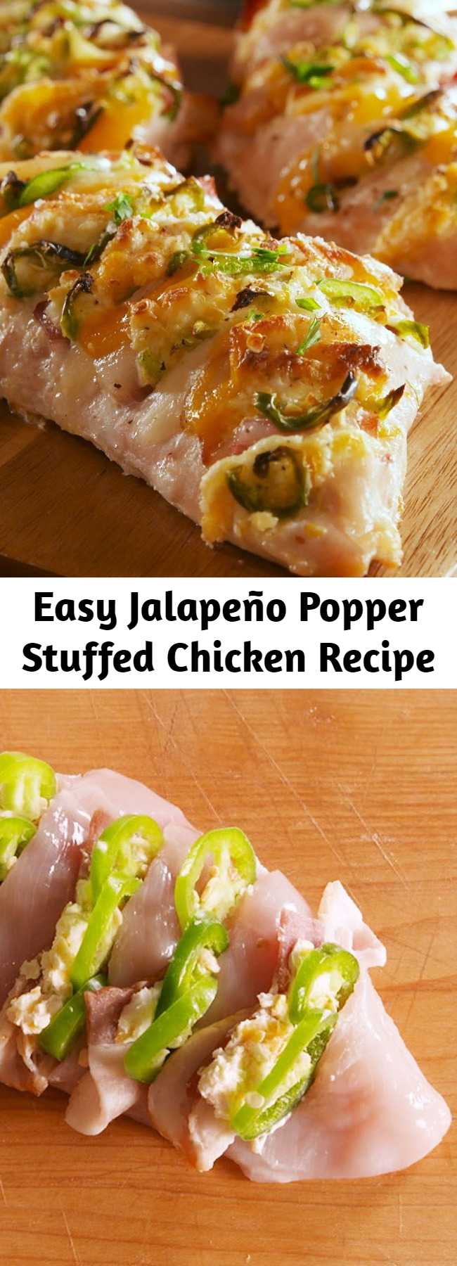 Easy Jalapeño Popper Stuffed Chicken Recipe - If you love jalapeño poppers, this is the chicken dinner of your DREAMS. With all the ingredients evenly distributed, every bite is perfect. #chickenrecipes #jalapenopoppers #jalapeno #spicy #healthyrecipes #easyrecipes #easychickenrecipes #dinner