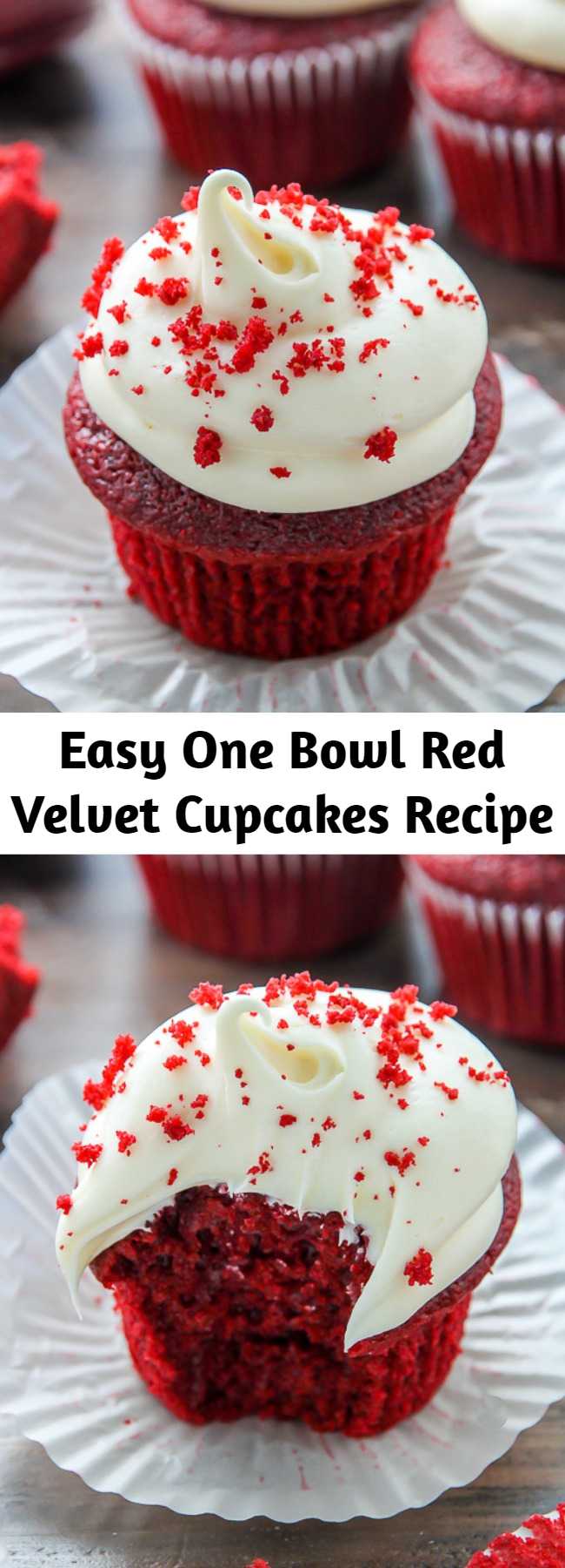 Easy One Bowl Red Velvet Cupcakes Recipe - If you like red velvet, you’re going to LOVE these light and fluffy red velvet cupcakes! Classic red velvet cupcakes topped with luscious cream cheese frosting! Made in just one bowl, these are easy enough to whip up any day of the week. They’re so delicious!