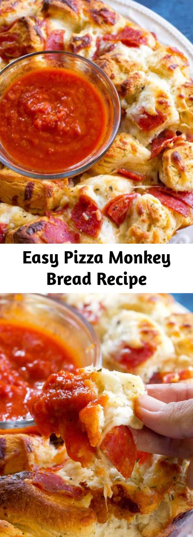Easy Pizza Monkey Bread Recipe - Pizza Monkey Bread is an Italian appetizer stuffed with pepperoni, mozzarella cheese, and garlic all in a Bundt pan.  If you love pizza, you’ll love this Pizza Monkey Bread made with biscuits and marinara sauce for dipping.