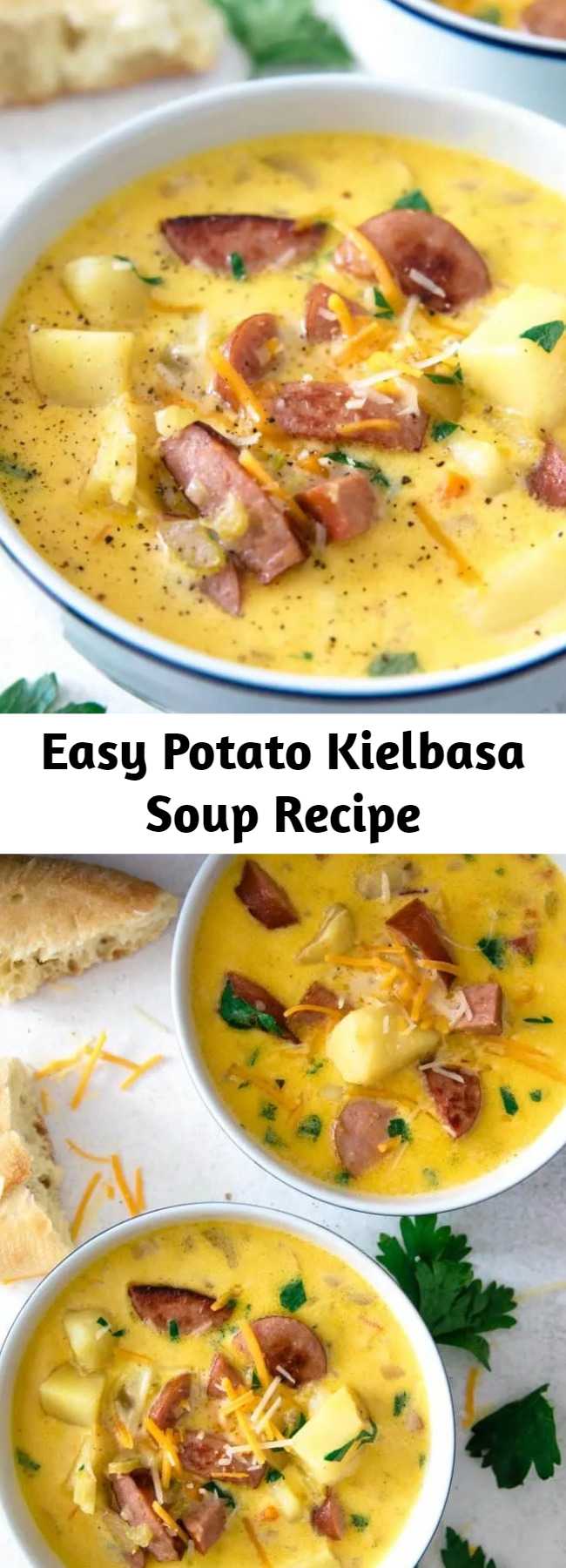 Easy Potato Kielbasa Soup Recipe - This potato kielbasa soup recipe is full of cheese, crispy sausage pieces, and potato chunks! It's a hearty and cheesy soup, perfect for lunch or dinner. Super cheesy!
