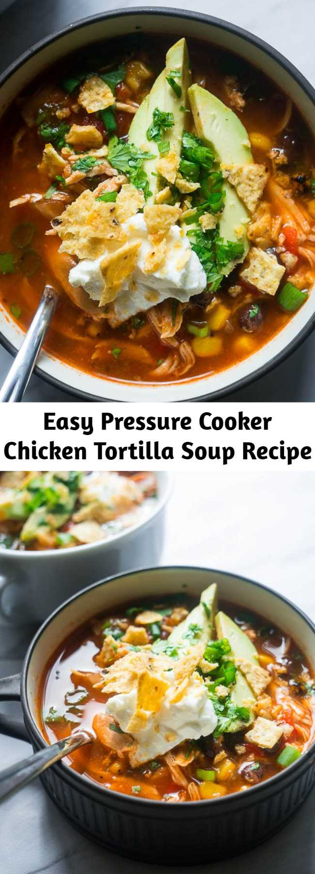 Easy Pressure Cooker Chicken Tortilla Soup Recipe - All in one pot and bursting with flavor, this AhhMazing Pressure Cooker Chicken Tortilla Soup will NOT let you down. If you’re overwhelmed by the idea of learning how to use your new pressure cooker, don’t be scared!! This is the perfect entry recipe for you and I’m going to venture to say, FOOL-PROOF! You can do it! I have full faith.