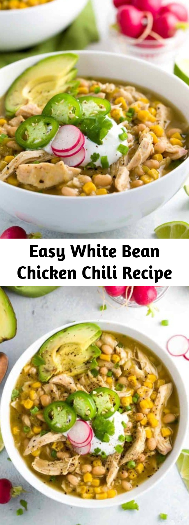 Easy White Bean Chicken Chili Recipe - White bean chicken chili simmered in a crockpot with whole roasted jalapenos, tender beans, corn, and lean chicken breast. This recipe is fantastic if I don’t say so myself!