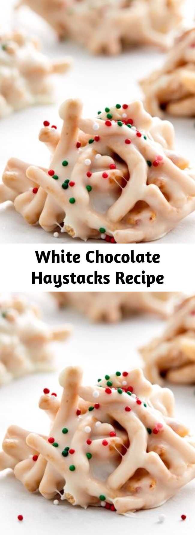 White Chocolate Haystacks Recipe - This festive spin on a classic no-bake treat is a special addition to your holiday cookie tray. Chow mein noodles and salted peanuts are tossed with melted white chips, marshmallows and a surprise ingredient--vanilla frosting--and finished with holiday sprinkles. This recipe makes a large batch, perfect for holiday get-togethers.